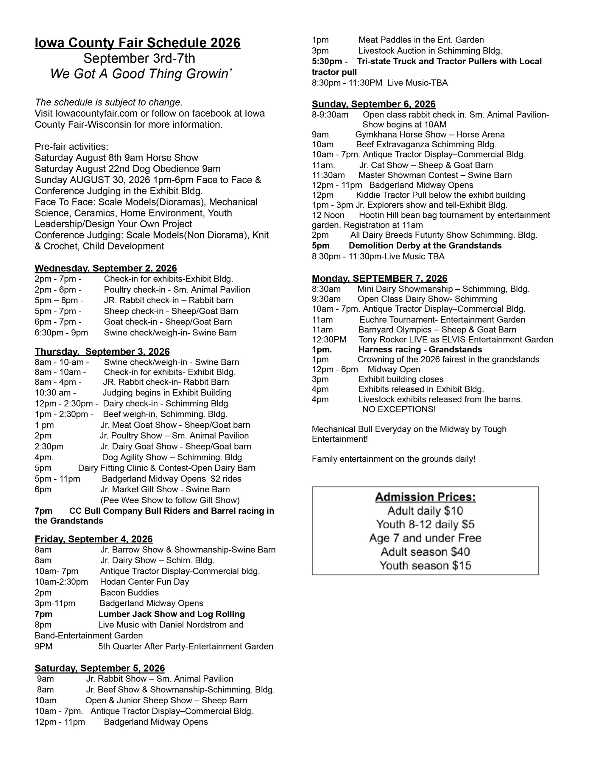 2026 Fair Schedule